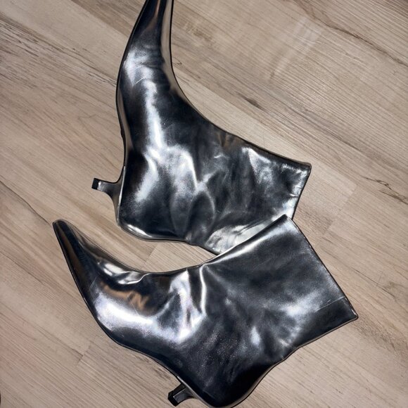 Zara Silver Metallic Genuine Leather Midi Heels with Pointed Toe 6 - Picture 2 of 8